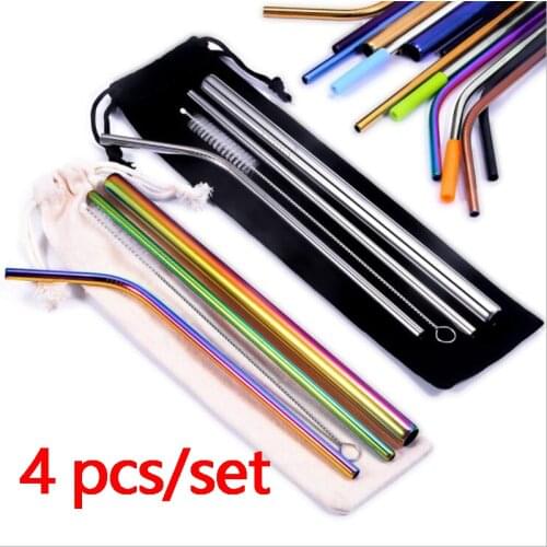 Reusable 304Stainless Steel Drinking Straws Straight Bent Tube Cleaning Brush For Boba Bubble Milk Tea Set Rietjes Bar Accessory