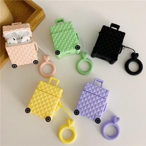 For Apple AirPods Fashion 3D Cute Suitcase Luggage Bag Case for Airpods 2 Trunk Finger Ring Wireless Earphone Protective Cover