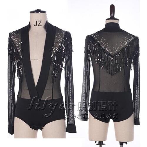 Men Fringe Dance Top Sequin Tassels Rhinestone Leotard Male Practice Clothes Standard Professional Ballroom Dance Tops New BL105