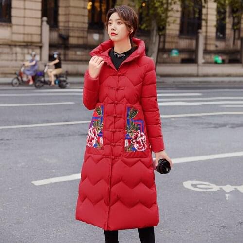 Single Breasted X-long Winter Jacket Women With Embroidery Floral Print Hooded Womens Coat Plus Size Stand Collar Slim Parkas