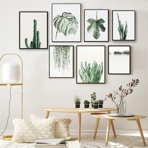 Scandinavian Green Plants Leaves Poster Nordic Watercolor Decorative Picture Wall Art Canvas Painting for Living Room Home Decor