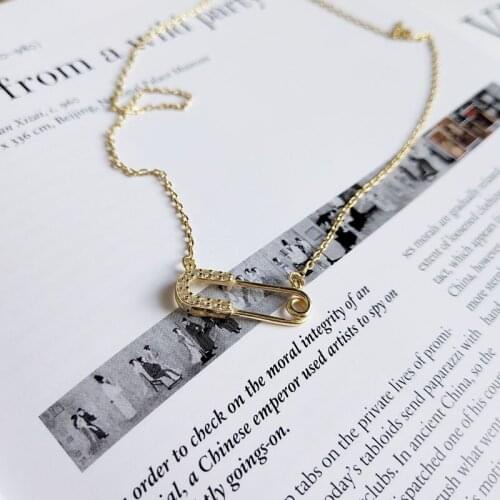 Drop shipping untique dainty delicate necklace Safety Pin charm paved Womens Girls in 100% 925 sterling silver