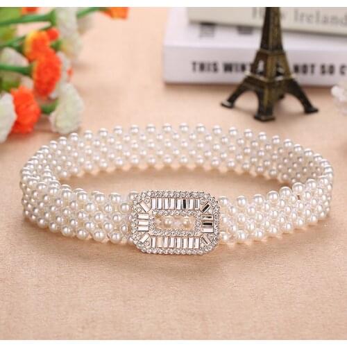 Elegant Women Pearl Waist Belt Elastic Buckle Pearl Chain Belt Female Girls Dress Crystal Strap Pearl Elastic Belt Luxury Brand