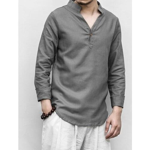 Vintage Men Solid Color Long Sleeve V Neck Linen Cotton Button Pullover Shirt Solid Loose Shirts Casual Fashion Shirt