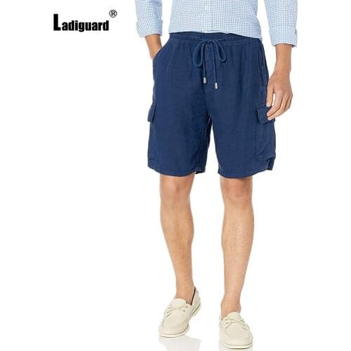 Ladiguard Men Casual Shorts Summer New Lace-up Skinny Beach Shorts Navy White Multi-pocket Short Pants Sexy Mens Clothing 2021