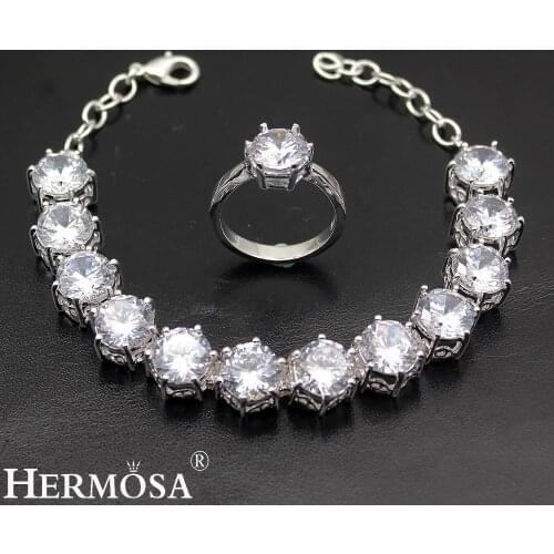 Super Shiny Round White Zircon Jewellery Sets Silver Color Bracelet Ring Size 6/8/9 Pretty Women Wedding Party Gift