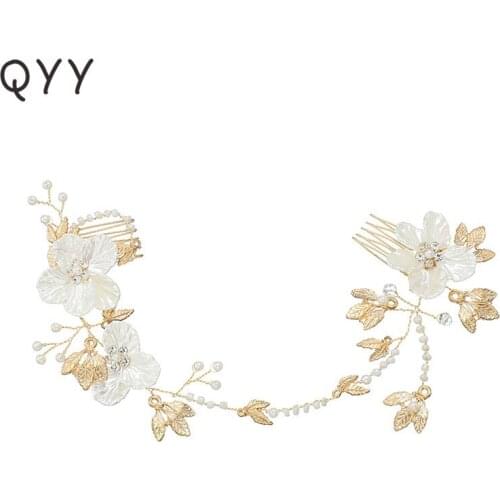 Bridal Wedding Accessories Long Hair Comb Flower Leaf Pearl Gold Color Bride Headband Luxury Jewelry for Women Headpiece Gifts