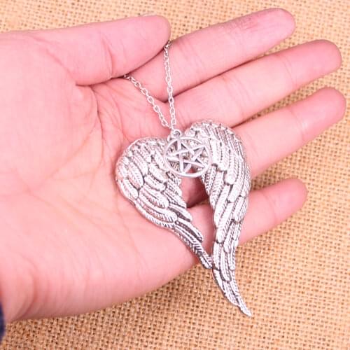 20Pcs Supernatural Castiel Necklace heart-shaped angel wings and Pentagram Charm For Pendant Jewelry Accessories necklaces Gift