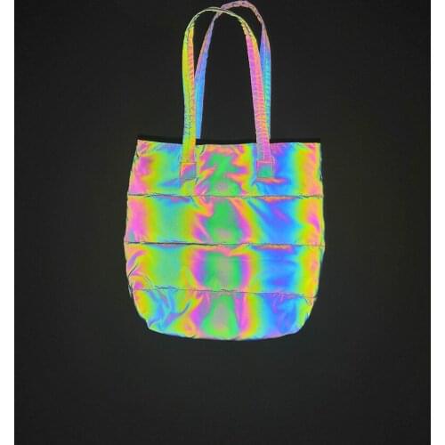 2021 Colorful Reflective Bag Women Fashion One Shoulder Reflective Tote Bag Cotton-Padded Polyester Shopping Handbag Bolso Mujer