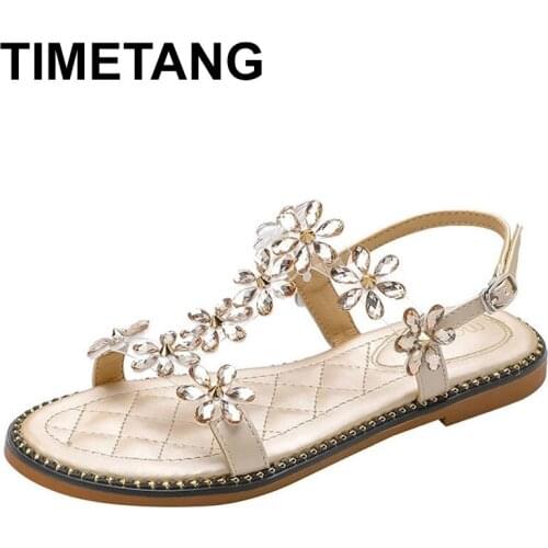 TIMETANG 2021 Sandals Black Shoes for Women Clear Heels New Beige Comfort Rhinestone Girls Flat Fashion Bohemian Summer Rome PU