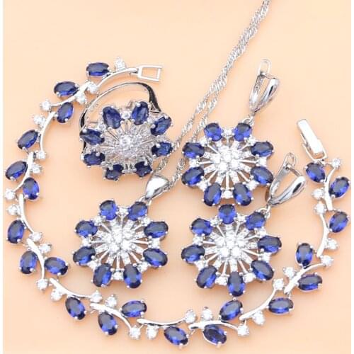 Ethnic 925 Sterling Silver Jewelry Sets Blue CZ Beads Costume for Women Flower Earrings Rings Bracelet Necklace Kit Dropshipping