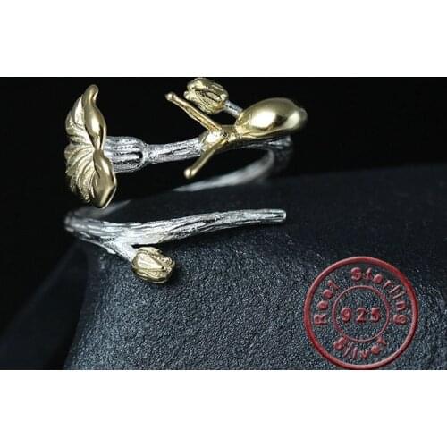 Amxiu Lotus Flower Bud Snail Shape Open Ring 925 Sterling Silver Rings for Women Girls Daily Accessories Two Tones Color Jewelry