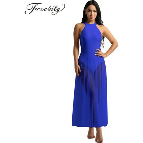 New Women Mesh Backless Ballet Maxi Dress Stage Lyrical Dance Costumes Adult Sleeveless Ballet Long Dresses Gymnastics Leotard