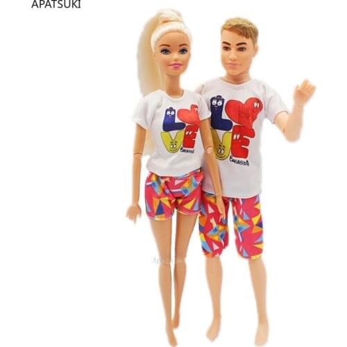 2sets/lot Couple Lover Cartoon Love Clothes Set for Barbie Doll Outfits White T-shirt Pink Shorts for Ken Boy Dolls Accessories