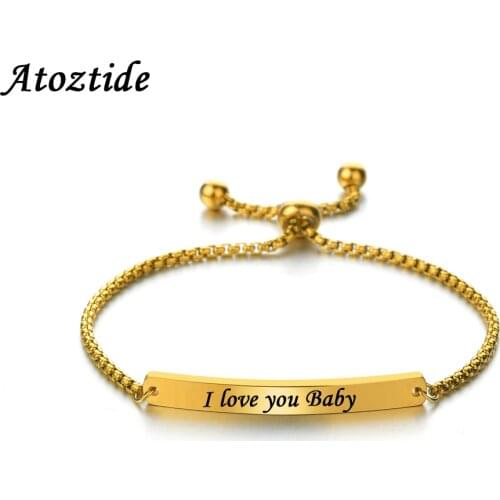 Atoztide Personalize Baby Bar Chain Bracelet Adjsutable Stainless Steel Engraving Letter Name Buckle Bracelets Friendship Gift