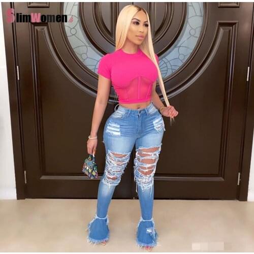 Ripped Ruffles Jeans for Women Neon High Waist Jeans Vintage Flare Jeans Holes Patchwork Camouflage Capris Denim Pants Trousers