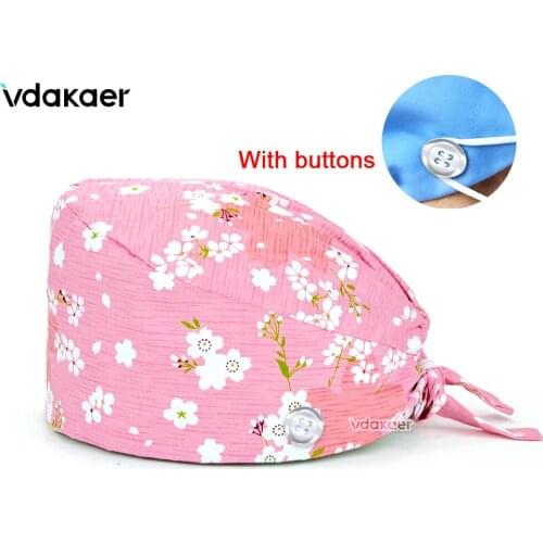 Surgicals-caps with button cotton anime printing hats High Quality adjustable sweat absorbent Elastic multicolor scrubs hats