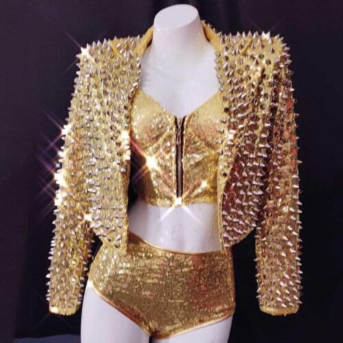 GOGO Dance Costume Rivet Jacket Nightclub Bikini Gold Outfits Singers Women Clothes 2020 Fantasia Feminina New Nightclub DJ Wear