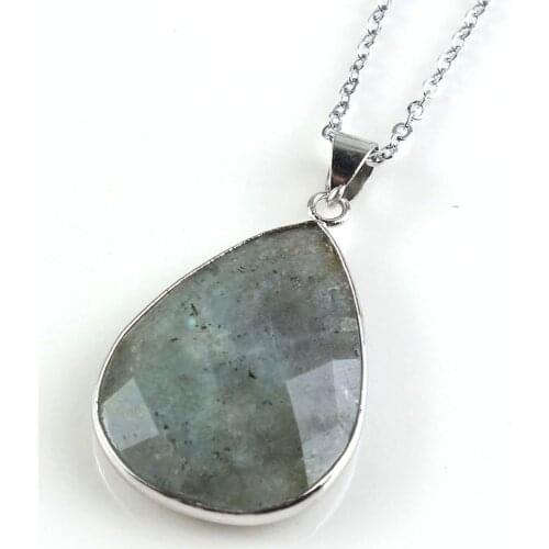 KFT Hand Carved Natural Labradorite Stone Water Drop Shape Faceted Stone Pendant Chain Necklace Jewelry For Women Girls