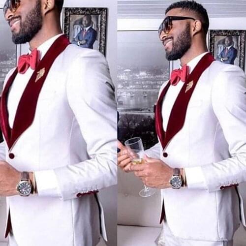 White Formal Party Mens Suits for Wedding 2 Piece Groom Suits Wine Red Shawl Lapel Slim Fit Custom Man Wedding Tuxedo Suit