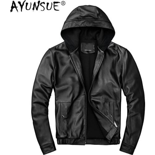 AYUNSUE Real Genuine Leather Jacket Men Hooded 100% Sheepskin Coat Short Spring Autumn Plus Size Mens Leather Jackets KJ2905
