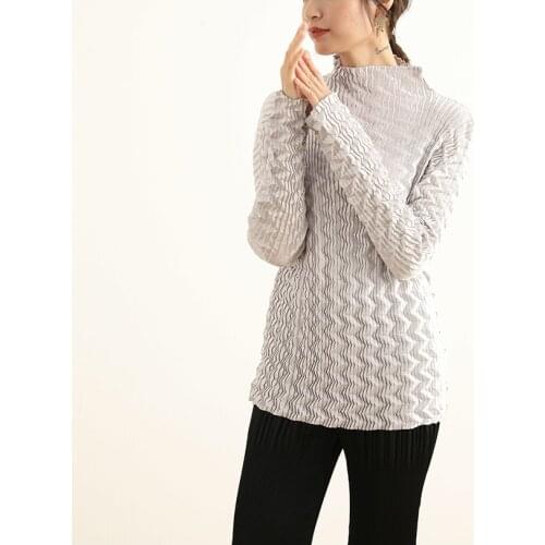 HOT SELLING Miyake fashion fold long sleeve new sexy solid turtleneck T-shirt IN STOCK