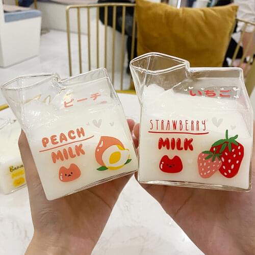 380ml Kawaii Milk Glass Cup Creative Square Clear Milk Carton Water Bottles Cute Fruit Heat Resistant Breakfast Cups