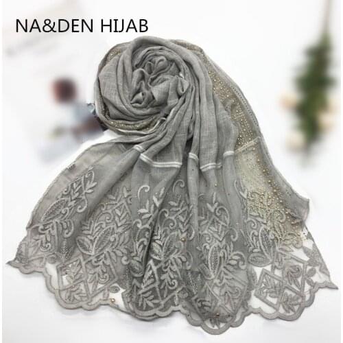 Fashion luxury floral lace hot diamonds plain solid viscose shawl pearls foulard muslim echarpe women scarf hijabs bandana 10pcs
