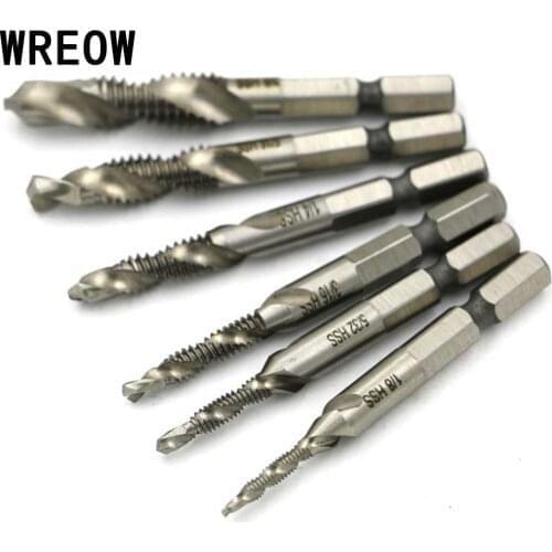 6PCS HSS4341 Hex Shank Spiral Screw Thread Taps Drill Bits Set Hex Tap Drill Bits Metric/Imperial Spiral Fluted Machine Screw