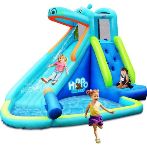 Inflatable Kids Hippo Bounce House Slide Climbing Wall Splash Pool w/ Bag