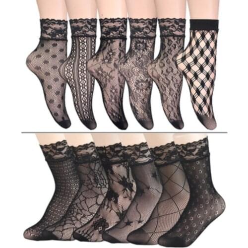 Womens Lace Socks Thin Black Plaid Sexy Lolita Socks Cool Comfortable Transparent Patterned Sox Hosiery for Ladies Female