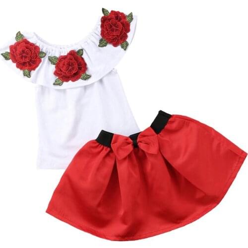Pudcoco Clothes For Girl Kids Baby Girl Off Shoulder 3D Rose Flower Blouse Top Dress Skirt Outfit Clothes