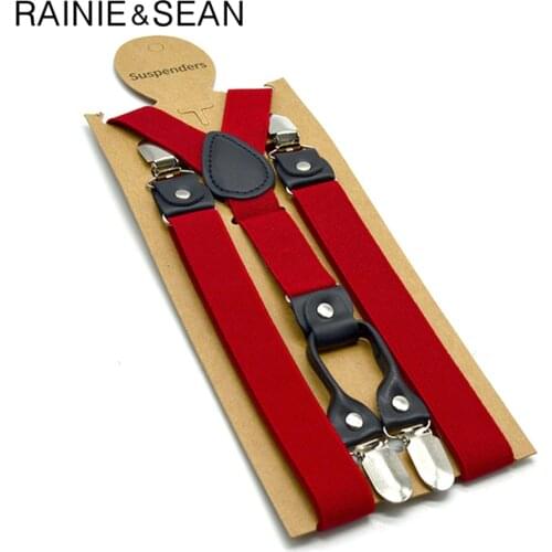 RAINIE SEAN Red Mens Suspenders Braces Solid Women Suspender Pants 120cm Trouser Braces 4 Clips Elastic Male Suspender Belt