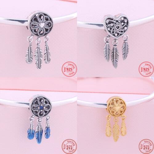 925 Silver Blue Gold Rose Gold 3 Feathers Dreamcatcher Dangle Charm Beads Fit Original Pandora Charms Bracelet DIY Jewelry Gifts