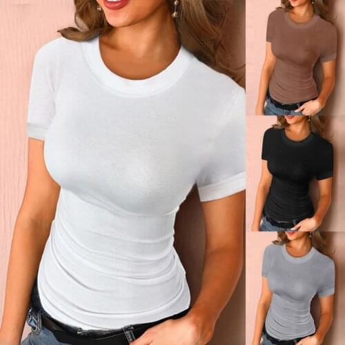 2021 Summer Women T-shirt Casual Solid Color Cotton Blend Short Sleeve O Neck Slim Top Tee Elegant Fashion T-Shirt