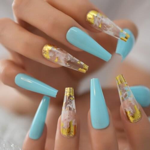 Luxury Gold Foil White Marble French Coffin False Nails Glossy Summer Lake Blue Super Long UV Fake Ballet Nail Reusable Wear