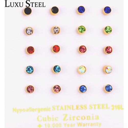 LUXUSTEEL Stainless Steel Stud Earrings Red Blue Color Stone Earrings For Women/Girl Wholesale 10pcs Best Christmas Jewelry