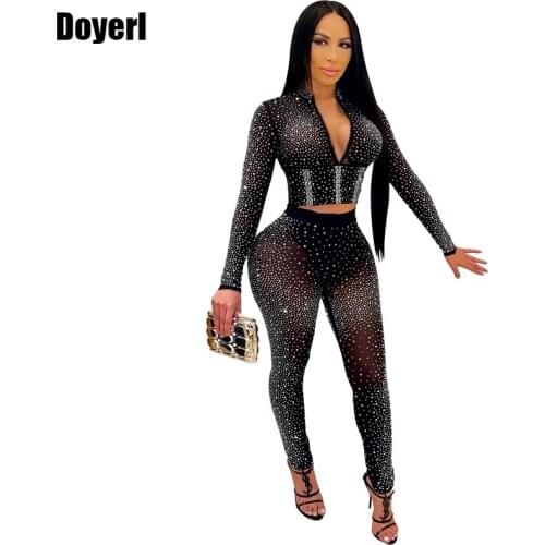 Rhinestone See Through Two Piece Set Women Crop Top and Leggings Set Sexy Club Outfits for Women 2021 Clubwear Matching Sets
