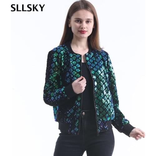 SLLSKY Women Autumn Casual Short Jacket Fashion Green Sequin Geometric Slim Coat O-neck Zipper High waist 2020 Ladys Outwear