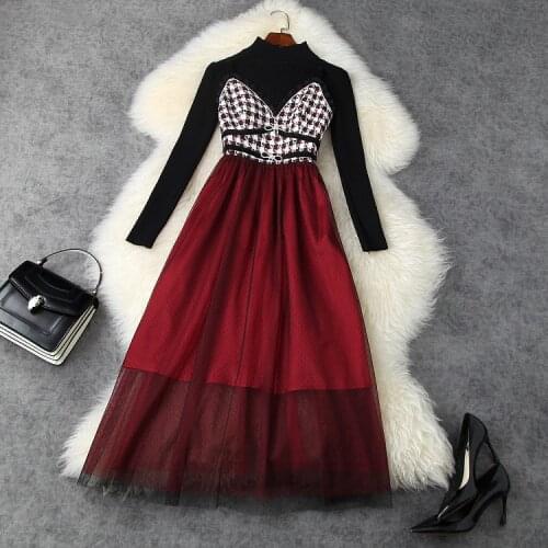 American European womens and wear 2021 winter new style Long-sleeved sweater Condole belt Tweed patchwork gauze dress