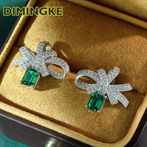 DIMINGKE 5*7MM Emerald Bowknot Silver Earrings 100%-S925 Sterling Silver Fashion Female Jewelry Party Birthday Gift