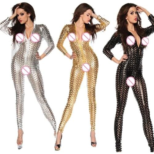Gold Black Sliver Women Catsuit Sexy Patent Leather Bodysuit Women Hollow Out Wetlook Jumpsuit Fetish Costume Long Sleeve Zentai