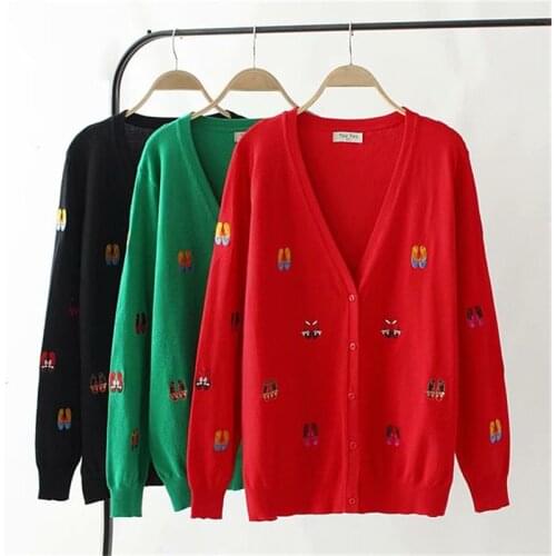 Large size Knit Sweater Cardigan Jacket Women 2019 Spring Autumn Embroidery Fashion Thin Sweaters Female V-neck Casual Tops G61