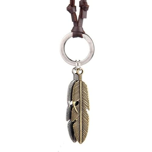 NIUYITID Women Leather Necklace & Pendants Vintage Feather Leaf Alloy Neckless Long Adjustable Brown Rope Chain Jewelry Man Male