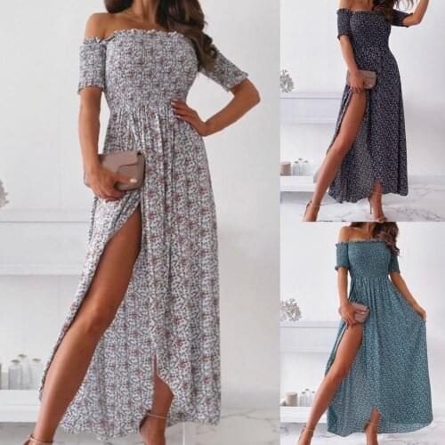 Summer New Off Shoulder Women Dress Floral Print Slim High Split Short Sleeve Maxi Dress Streetwear High Street Womens Hipster
