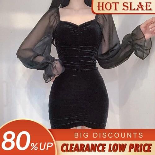 Women Long Sleeve Gothic Dress Sexy Black V Neck Slim Mini Dress Goth Female Dark Folds Puff Sleeve Bodycon Dresses 2021 Summer