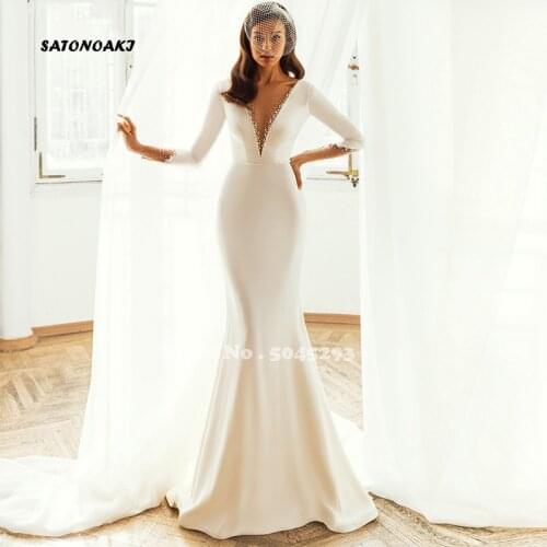 Elegant Mermaid Long Sleeves Wedding Dresses Beaded Bodice Satin Vintage Bridal Gowns Princess Vestido De Novia Mariage France