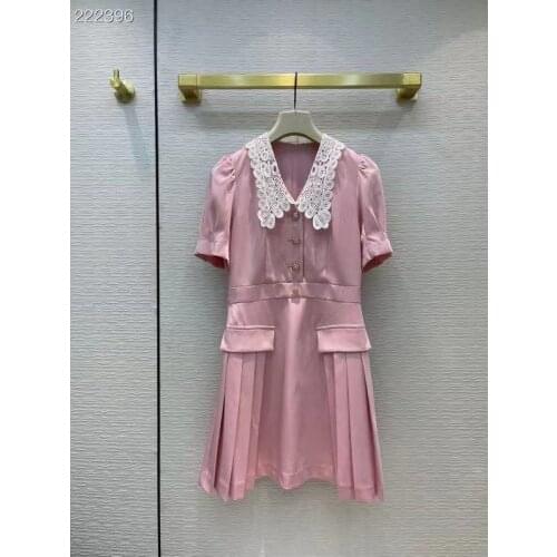 Fashion Runway Summer Vintage Party Dress Women Lace Embroidery Collar Short sleeve Diamonds Buttons Pleated Pink Dress