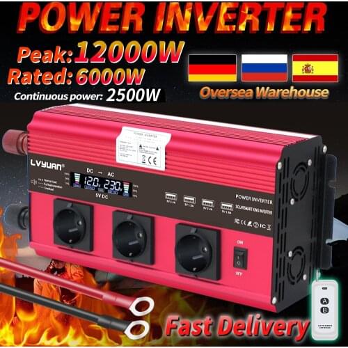12V to 230V12000W Peak LCD Display EU Socket Modified sine wave with 3 AC Socket 4 USB wireless remote control power inverter