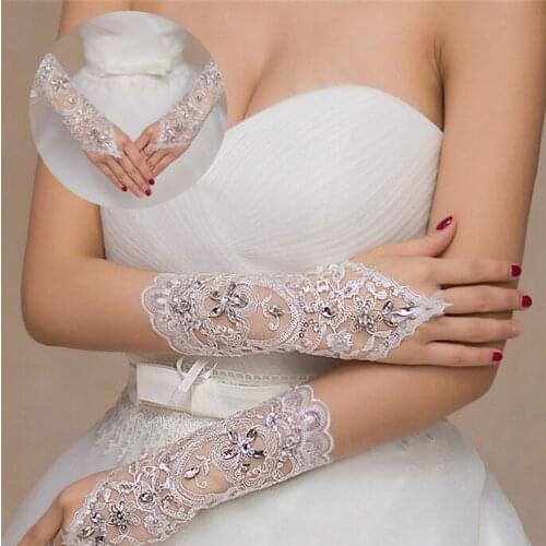 1 Pair White/Red/Beige Bridal Gloves Elegant Short Paragraph Rhinestone White Lace Glove Beautiful Wedding Accessories